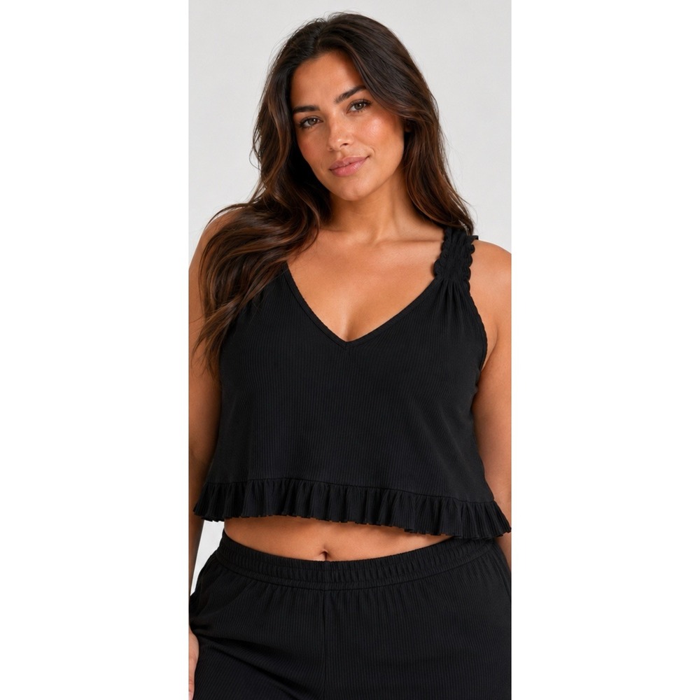 Free People Top Cropped Black Ruffled Oversized Sz Large